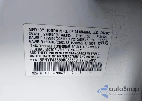 2009 Honda Pilot Ex-L z USA, uszkodzony, nr VIN 5FNYF48569B033639